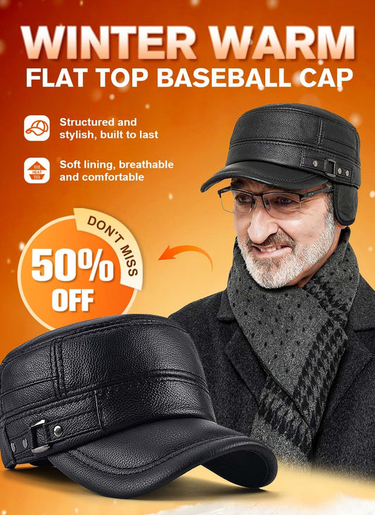 🔥Black Friday Sales - 49% OFF🔥PU Leather Flat Top Warm Baseball Cap