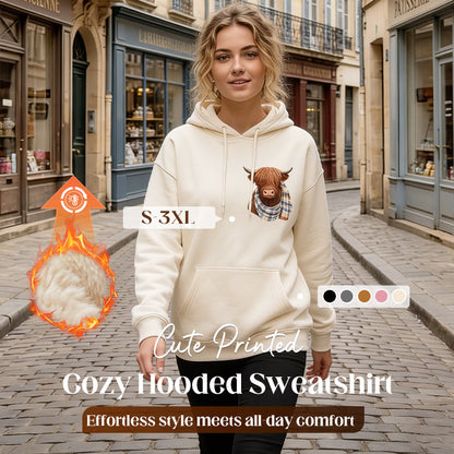 🐮 Hot Sale 50% OFF!!🎁Cute Highland Cow Print Fleece Lined Hooded Sweatshirt 🧥 Warm Cozy Winter Hoodie