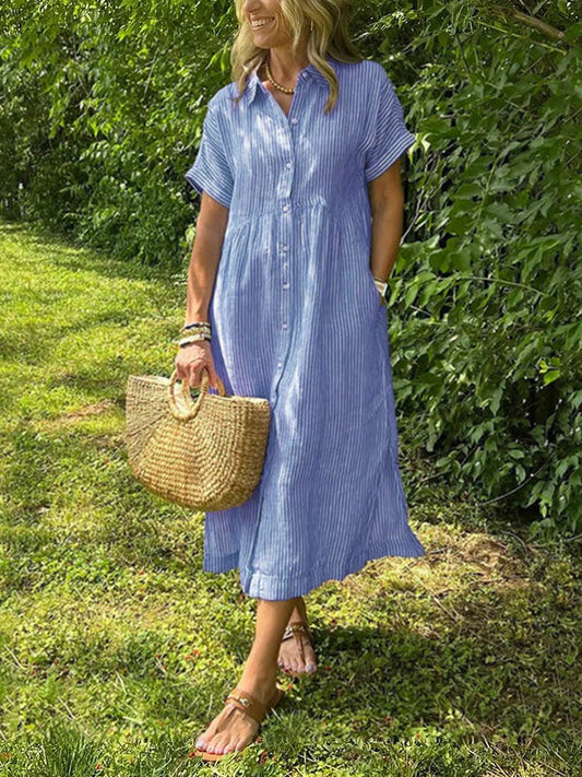 🌸SUMMER HOT SALE 50% OFF💷Striped Lapel Button Down Shirt Dress | With Functional Pockets