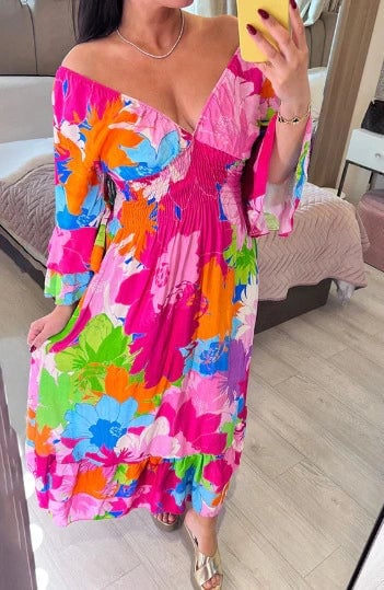 🔥💃Floral Print Ruffle Hem Maxi Dress