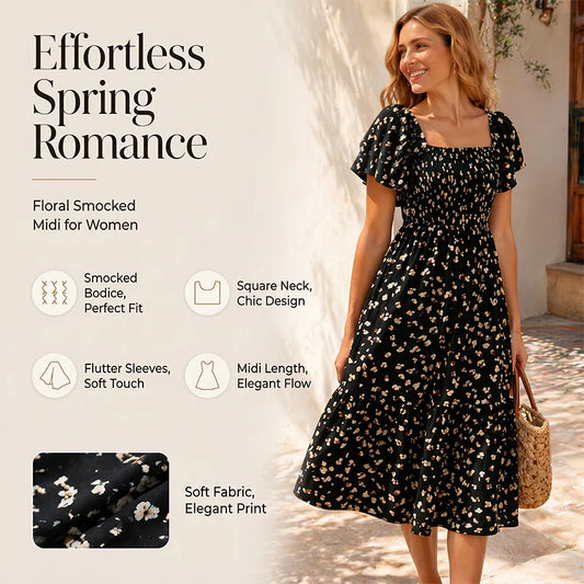 🌈Summer Hot Sale 60% OFF!✨Square Neck Floral Midi Dress – Smocked Bodice, Flowy Tiered Skirt, Romantic🌸