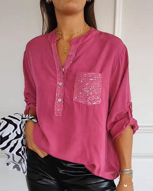 ⏳Limited Sale 50% OFF🌸Women's Sequin Patchwork V-neck Shirt