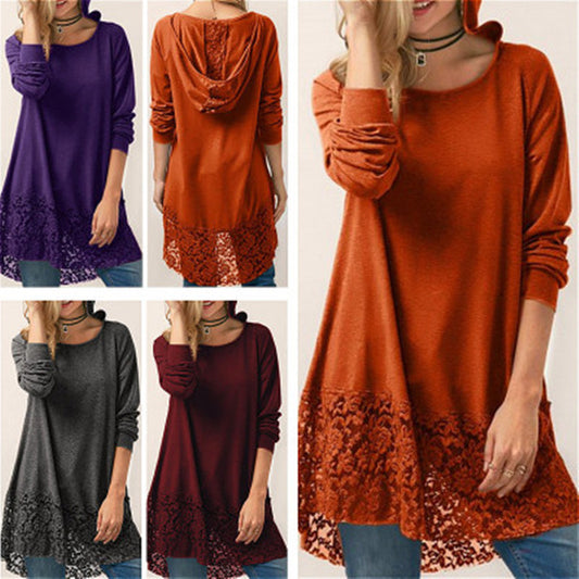 🔥HOT SALE-Autumn-Style Lace Hooded T-Shirt with Long Sleeves in Plus Size