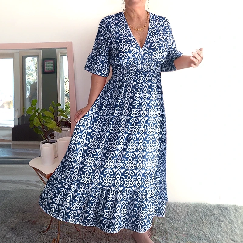 2025 Summer Big Sale 50% OFFBohemian Casual Print V-neck Waist Wr blauue 2025 Summer Big Sale 50% OFFBohemian Casual Print V-neck Waist Wr blauue