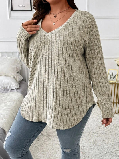 ⏳Limited-Time 50% OFF!!🔥Women’s Plus‑Size V‑Neck Pullover Top — Soft Brushed Ribbed‑Knit | Loose Curve‑Flattering Fit