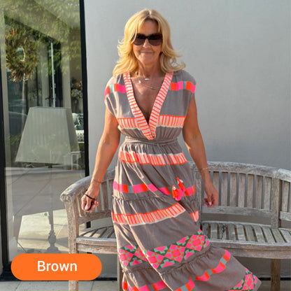 🏵️Summer Hot Sale 50% OFF💕Women's Loose V-Neck Vintage Stripe Pattern Sleeveless Dress