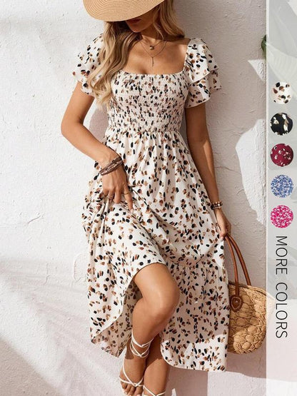 🌈Summer Hot Sale 60% OFF!✨Square Neck Floral Midi Dress – Smocked Bodice, Flowy Tiered Skirt, Romantic🌸