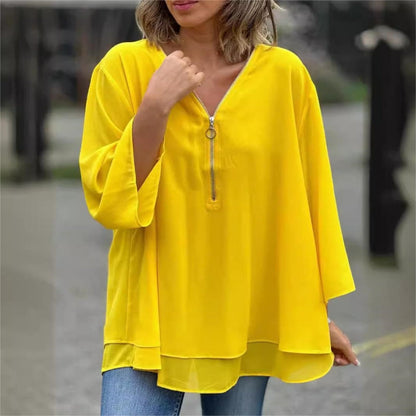 ✨Double-Layer V-neck Zipper 3/4 Sleeves Trendy Tops