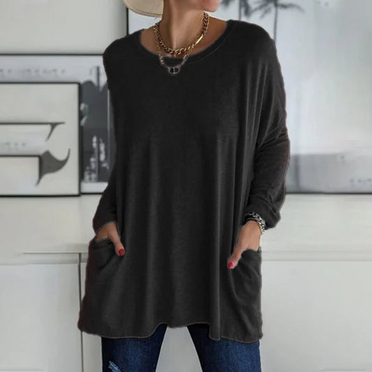 🎁✨Hot sale🔥Women's Round Neck Long Sleeve Loose Pocket T-Shirt