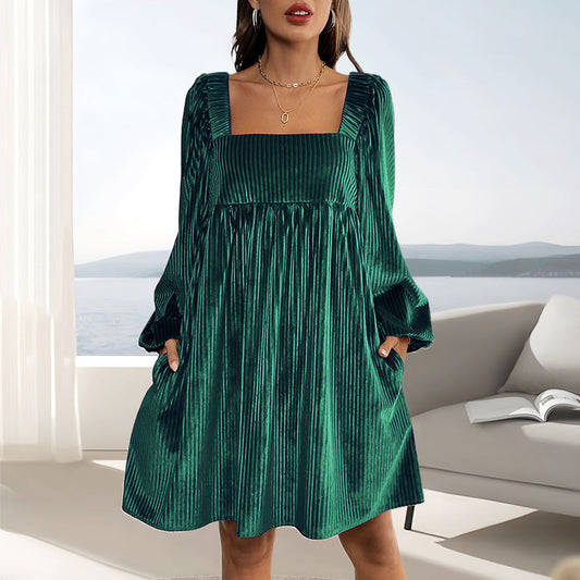 🎁Hot Sale 49% OFF🎄Women's Square Neck Velvet Babydoll Dresses with Tie-Back