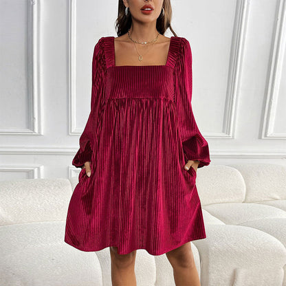 🎁Hot Sale 49% OFF🎄Women's Square Neck Velvet Babydoll Dresses with Tie-Back