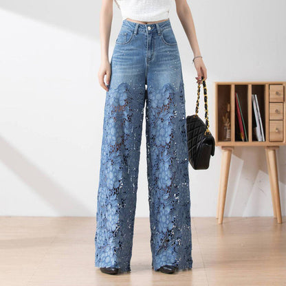 🔥BIG SALE💷Best Price🔥Women's High-Waisted Blue Denim Wide-Leg Pants with Cut-Out Lace Panels