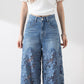 🔥BIG SALE💷Best Price🔥Women's High-Waisted Blue Denim Wide-Leg Pants with Cut-Out Lace Panels
