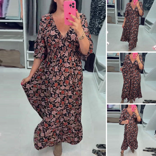 💃Time-limited Special 50%OFF⏰V-neck Printed Maxi Dress with 3/4 Sleeves