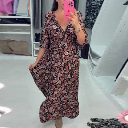 💃Time-limited Special 50%OFF⏰V-neck Printed Maxi Dress with 3/4 Sleeves