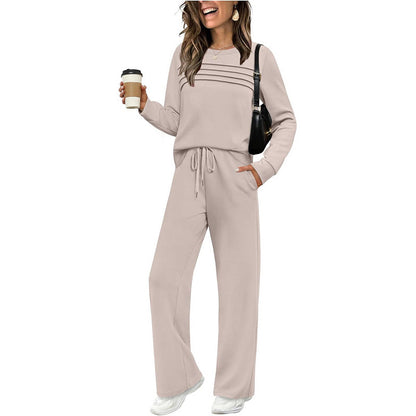 🔥LAST DAY 60% OFF✨Crew Neck Drawstring 2‑Piece Loungewear Set 👚 Soft Matching Top & Pants