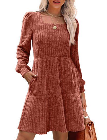 🍂2025 Autumn New Style⏰Women's Square Neck Lantern Sleeve Ribbed Dress