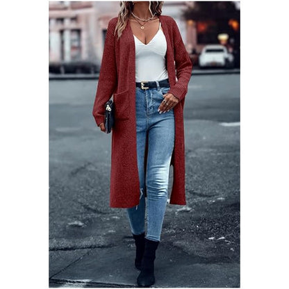 🍂Autumn Hot Sale 50% OFF💞✨Women’s Solid Long Open Front Knit Cardigan, Loose Fit Sweater Coat With Side Pockets, Autumn Casual Outerwear