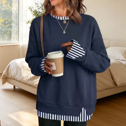 ⏳ Limited Time 50% Off! 💗Women’s Loose‑Fit Faux Two‑Piece Sweatshirt, Stylish Striped Layer Design
