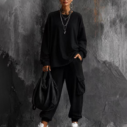 💥Limited Time 50% OFF ✨Women’s Casual Crew‑Neck Top & Multi‑Pocket Cargo Pants 2‑Piece Outfit Set