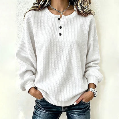 🔥60% OFF! Women's Casual Waffle Knit Sweatshirt Loose Long‑Sleeve Button Neck Pullover