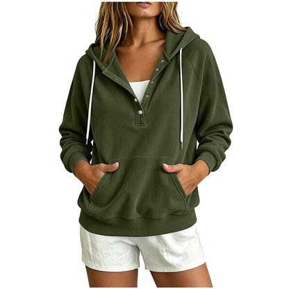 🔥Hot Selling! 60% OFF! ✨ Women's Corduroy Half‑Button Hooded Sweatshirt Retro Corduroy Hooded Sweatshirt for Women – Half-Zip Button Down