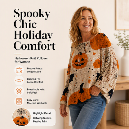 🎁Halloween Hot Sale 50% OFF🎃Women’s Halloween Pumpkin & Bat Print Batwing Open‑Knit Sweater, Loose Fit Festive Fall Pullover Top