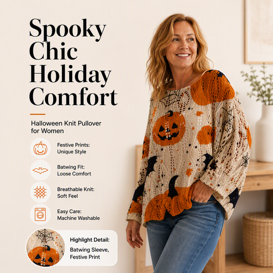 🎁Halloween Hot Sale 50% OFF🎃Women’s Halloween Pumpkin & Bat Print Batwing Open‑Knit Sweater, Loose Fit Festive Fall Pullover Top