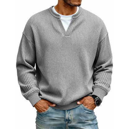 ⏳LAST DAY SALE 60% OFF !!📢Men's Waffle‑Knit Henley Long‑Sleeve Shirt, Casual Loose Fit Layered Pullover Tee For Daily Wear