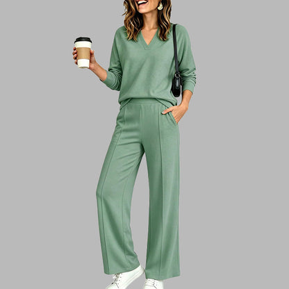 🍂Autumn Hot Sale 71% OFF 👗✨Women's Casual V-Neck Top & Wide-Leg Pants