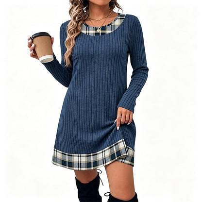 ✨🍂Autumn Hot Sale 70% OFF!!💖Women's Casual Long Sleeve Plaid Patchwork Ribbed Knit Tunic Dress, Autumn Loose Swing Dress with Pockets👗