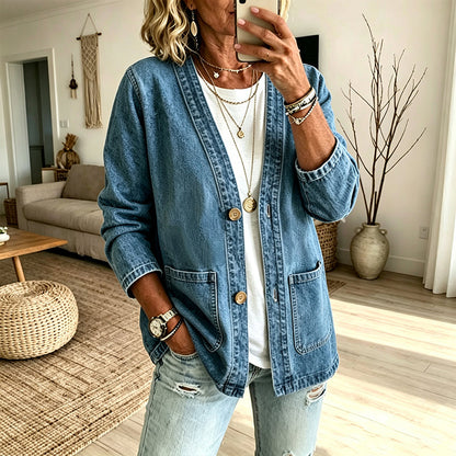 🎉This Week's Special Sales 50% OFF💖Women's Casual V-Neck Denim Cardigan, Loose Long Sleeve Open Front Jean Jacket With Button & Pockets, Versatile Daily Outerwear