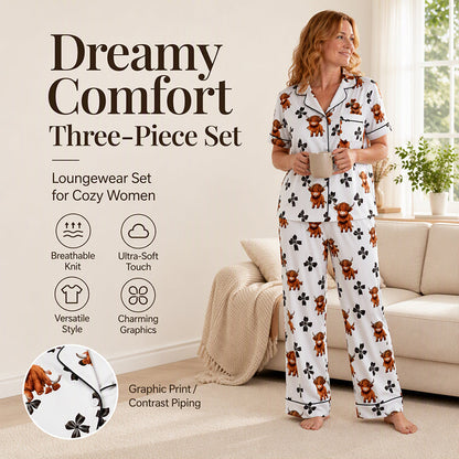 ⏳LAST DAY SALE 50% OFF!!🐮Women's 3 Piece Highland Cow Print Pajama Set, Ultra Soft Breathable Knit Loungewear Sleepwear Set, Cute Graphic Nightwear ✨