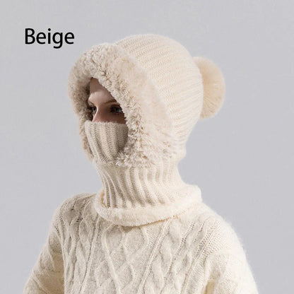 🎉This Week's Special Sales - 60% OFF✨Women 3-in-1 Knitted Balaclava Hat, Fleece Lined Warm Hood Beanie with Scarf & Face Mask, Pom Pom Winter Hat for Outdoor Skiing🧣