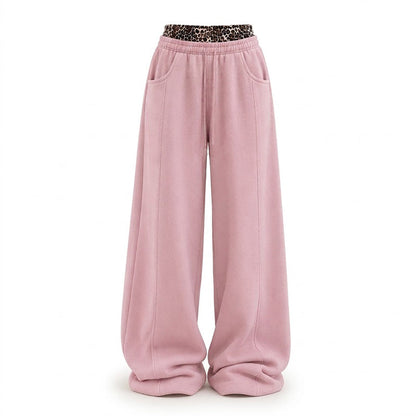 ⏳LAST DAY SALE 60% OFF !!🐆Women’s Contrast Leopard Waistband Wide Leg Sweatpants, Soft Casual Patchwork Trousers👖