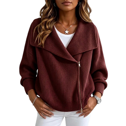 🍂Autumn Hot Sale 60% OFF🔥Women’s Asymmetric Zip Up Sweater Jacket, Chic Knit Cardigan with Drape Collar, Casual Loose Fit Outerwear🧥