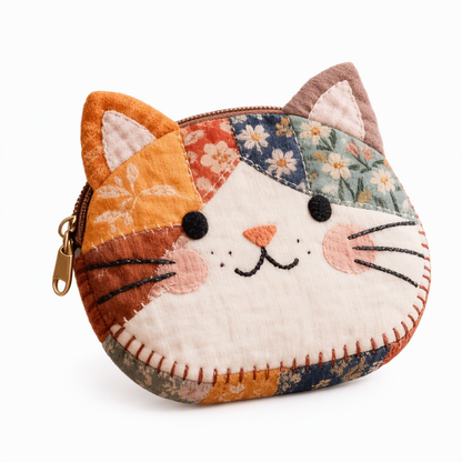 🎁LAST DAY Buy 2 Get 1 Free!!🐱Cute Patchwork Cat Coin Purse, Handmade Fabric Kitten Mini Pouch, Portable Card Holder for Girls