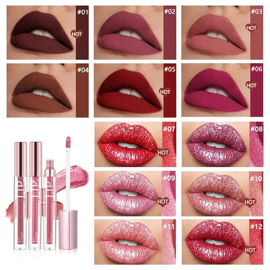 12 Color New Matte Fine Glitter Lip Gloss Cream Waterproof