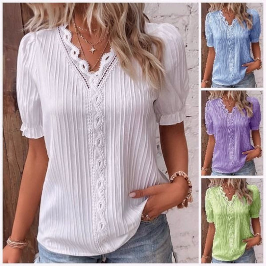 🎁✨Hot sale🔥V Neck Plain Lace Elegant Shirt✨🎁